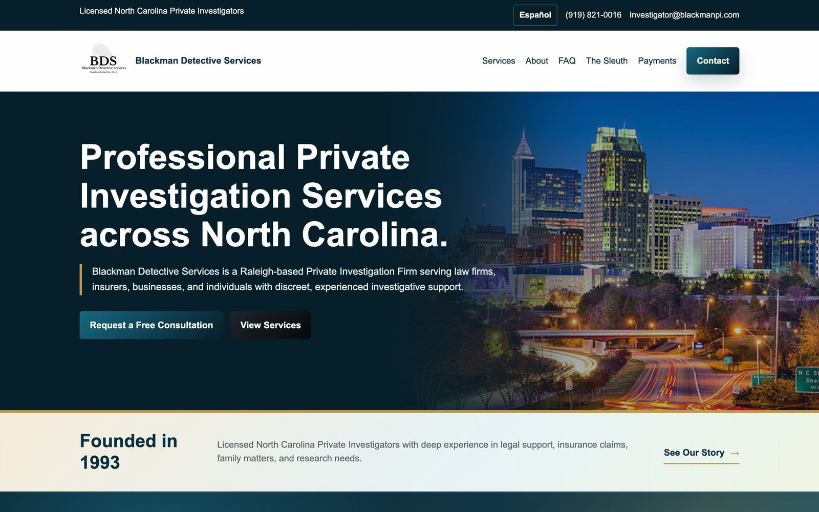 Blackman Detective Services website home page on desktop