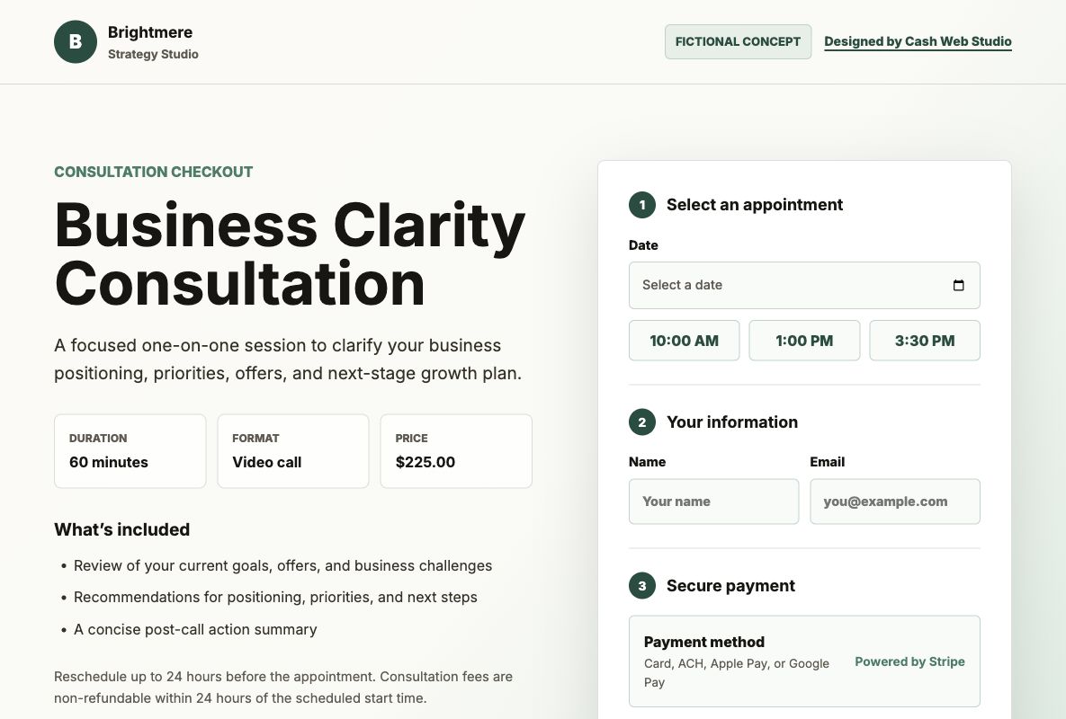 Consultation scheduling and checkout concept for Brightmere Strategy Studio