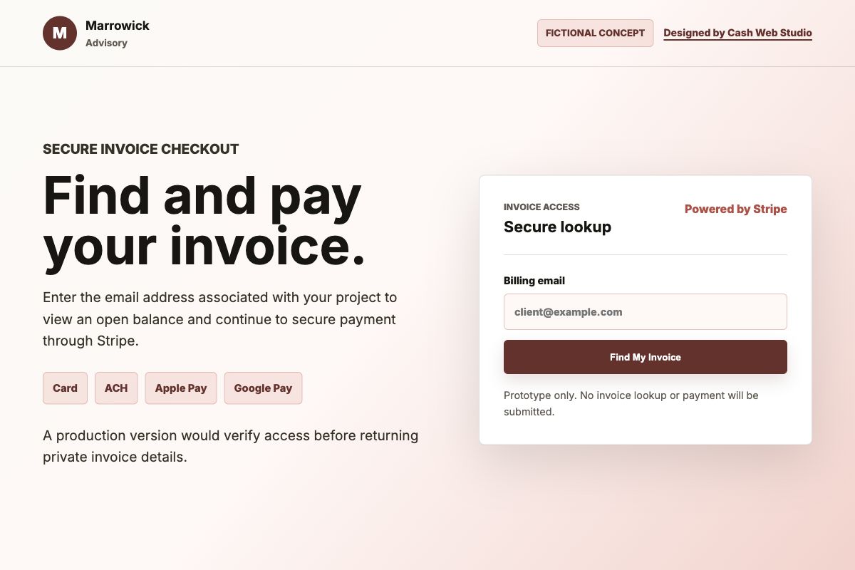 Secure invoice lookup and payment concept for Marrowick Advisory